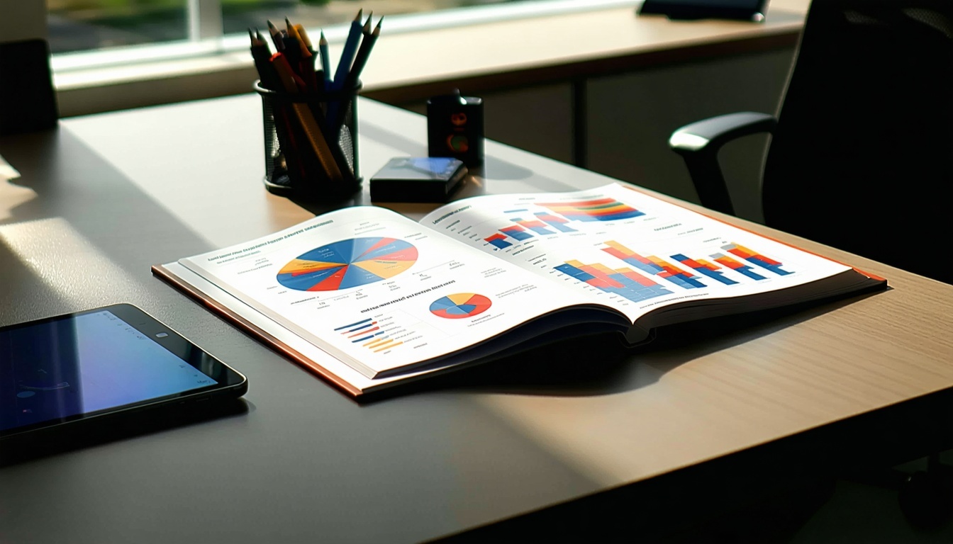 Елегантното съвременно офис бюро се отличава с гладка полирана повърхност, осветена от естествената светлина, която струи през близкия прозорец На бюрото на видно място лежи подвързан маркетингов доклад, чиято професионална корица се отличава с ярък дизайн и смел шрифт.