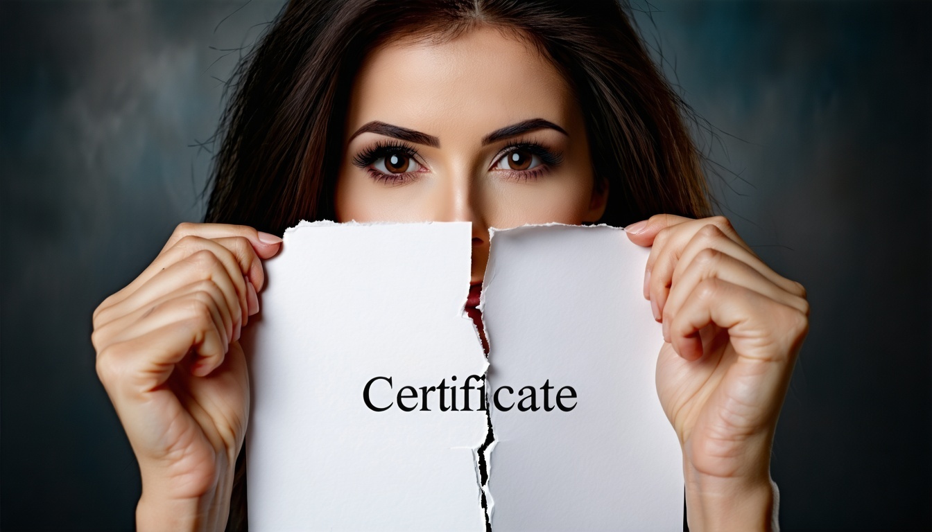 Ръцете на жената, деликатни, но решителни, стискат краищата на хрупкав, официален лист хартия с думата 